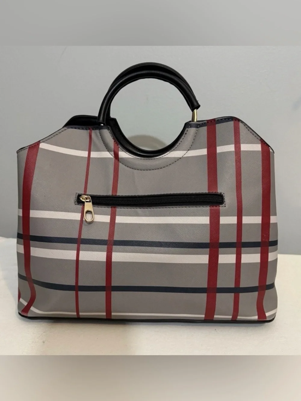 Black & Red Plaid Satchel Crossbody Bag Coated Canvas Faux Leather Trim